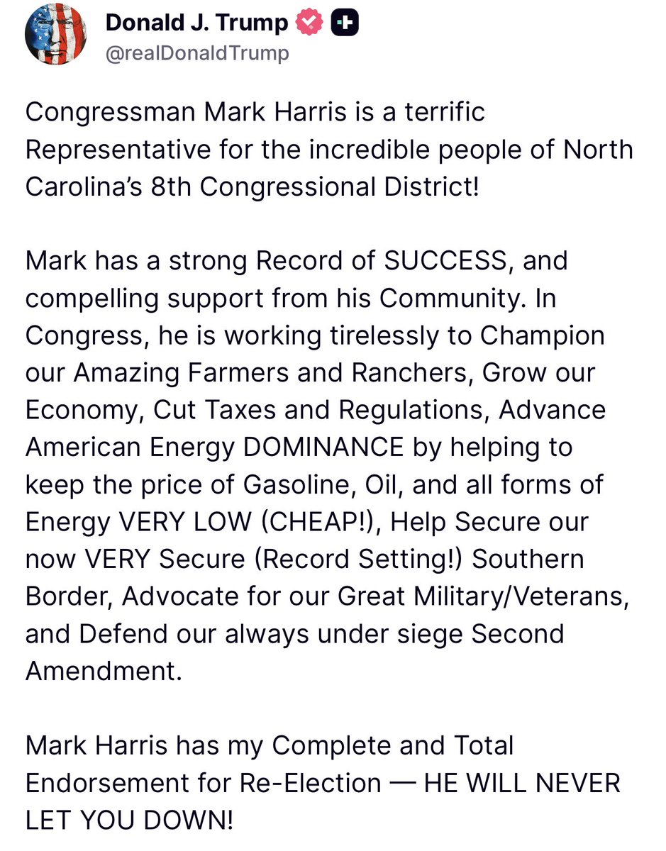 MarkHarrisNC8's tweet image. Honored to have the Complete and Total Endorsement of President Trump!
Together, we’re fighting for our farmers, securing the border, driving down energy costs, cutting taxes, defending our military, and standing firm for our God-given freedoms.
We’re not letting up and we’re…