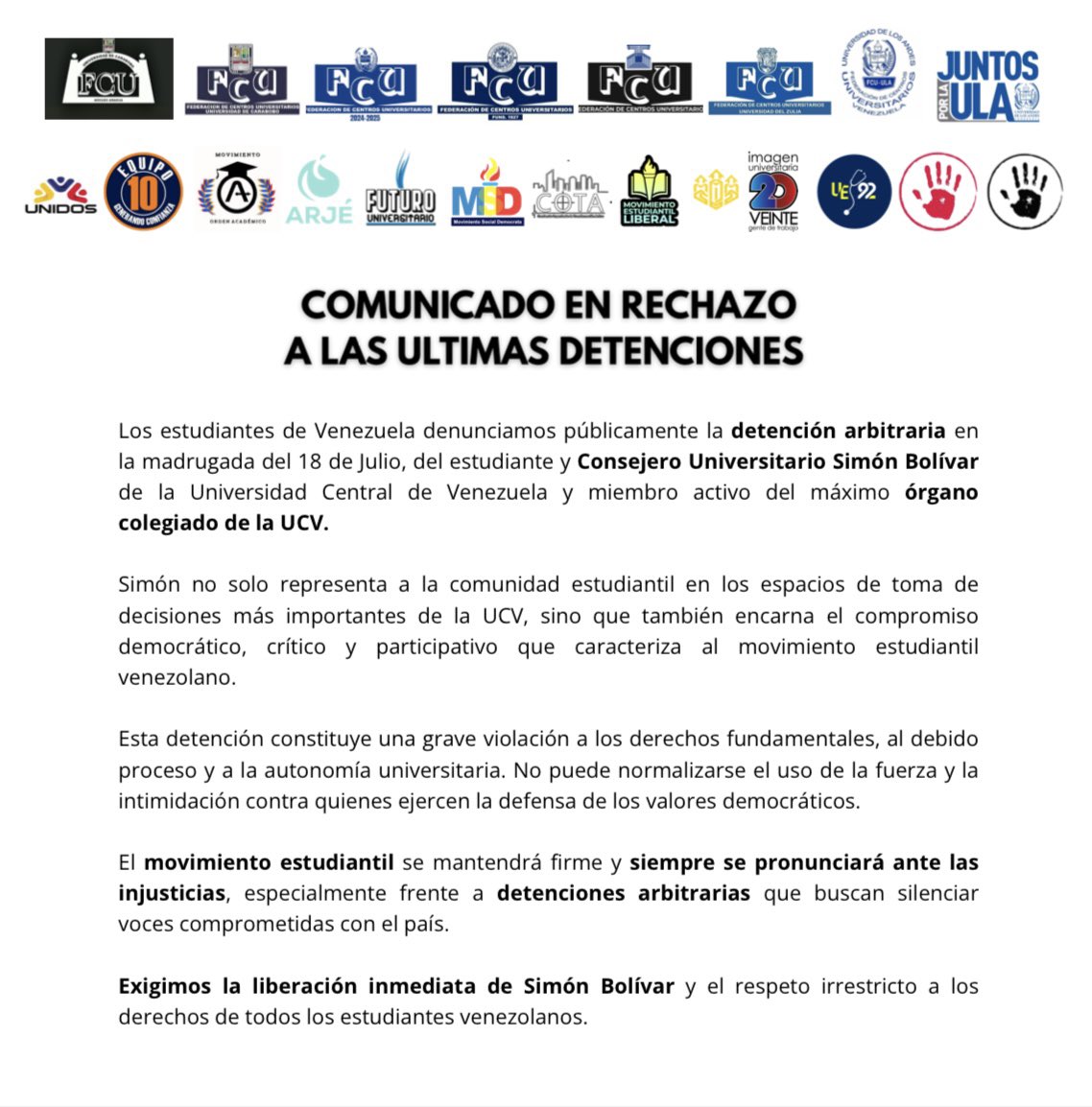 Hoy detuvieron a un compañero, un estudiante y a nuestro consejero universitario.

A Simón Bolívar lo encarcelan por pensar distinto, por alzar su voz, por no rendirse. Pero el no está solo.

Simón tiene un movimiento estudiantil firme respaldándolo.

#LiberenASimón #UCV