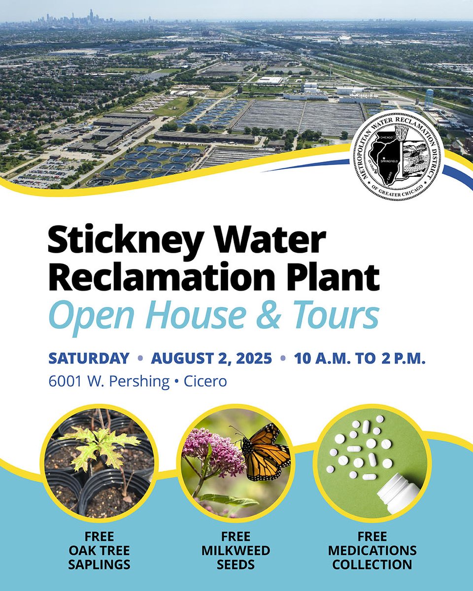 MWRDGC's tweet image. 🏠 Join us on Saturday, August 2, for the Stickney Open House from 10 a.m. – 2 p.m.! There will be tours and interactive activities for all ages, plus free oak tree saplings, milkweed and native wildflower seeds while supplies last! mwrd.org/events/mwrd-op…