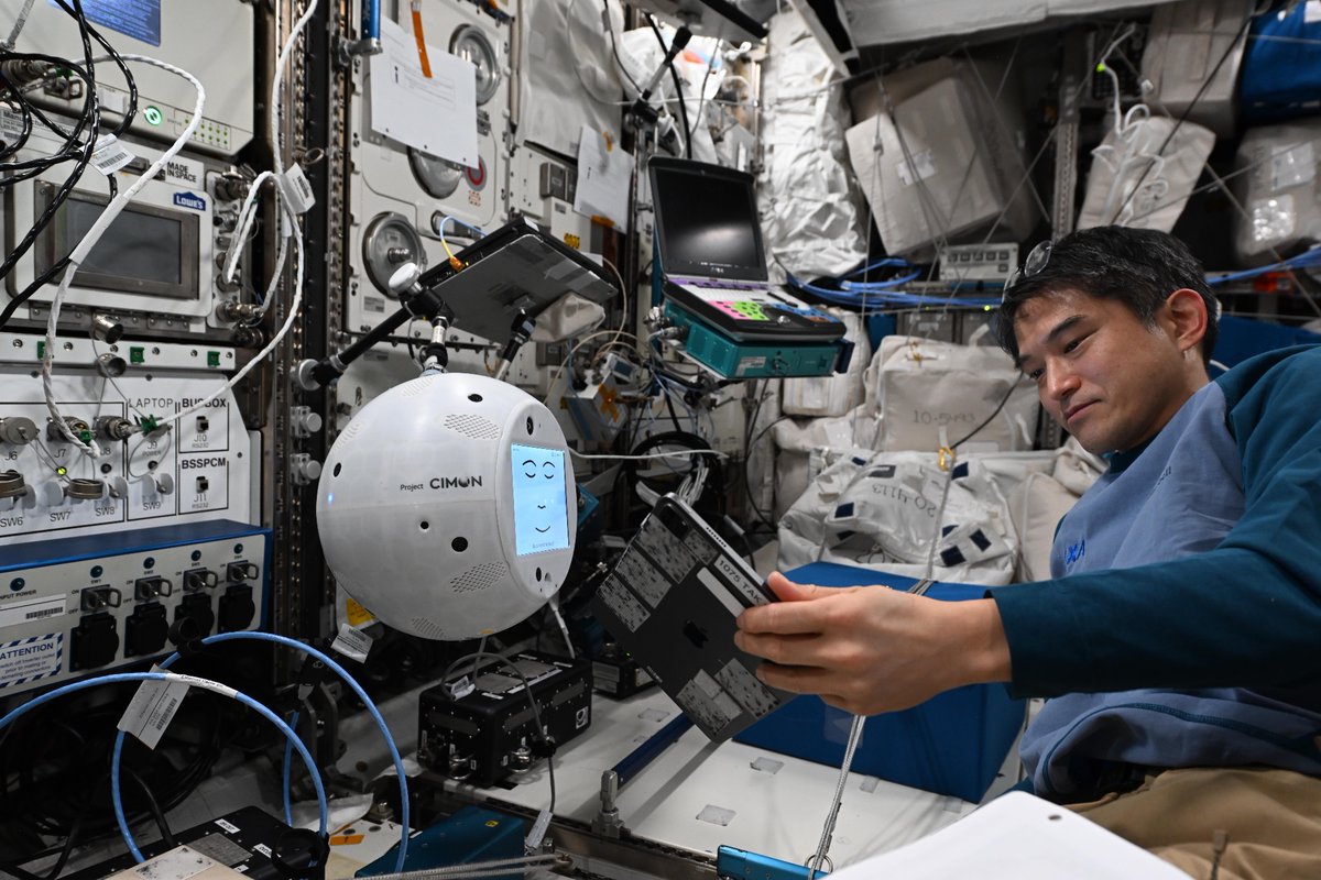 Astro_Onishi's tweet image. 来週のタスクに向け、ESAのAIロボット、CIMON(サイモン)を起動。思ってたよりデカいです。Int-Ball2よりふた回りくらい大きいです。
顔がついてるのが、なかなかユニークです。
音声認識で飛行士からのリクエストに応えるアシスタント的なロボットですが、その機能を使うのは来週にお預けです。