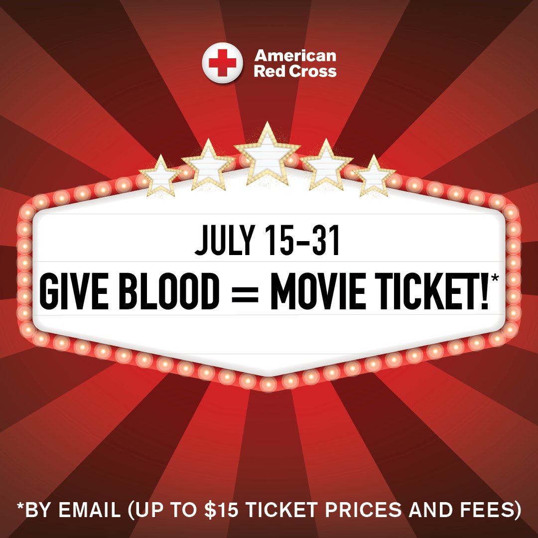 Lights. Camera. Take action! Give blood.
When you come to give blood or platelets July 15-31, the Red Cross will say thanks with a Fandango Movie Ticket by email (up to $15 ticket price and fees). Use it to catch a summer blockbuster! 

Book now: rcblood.org/4kzVCUI