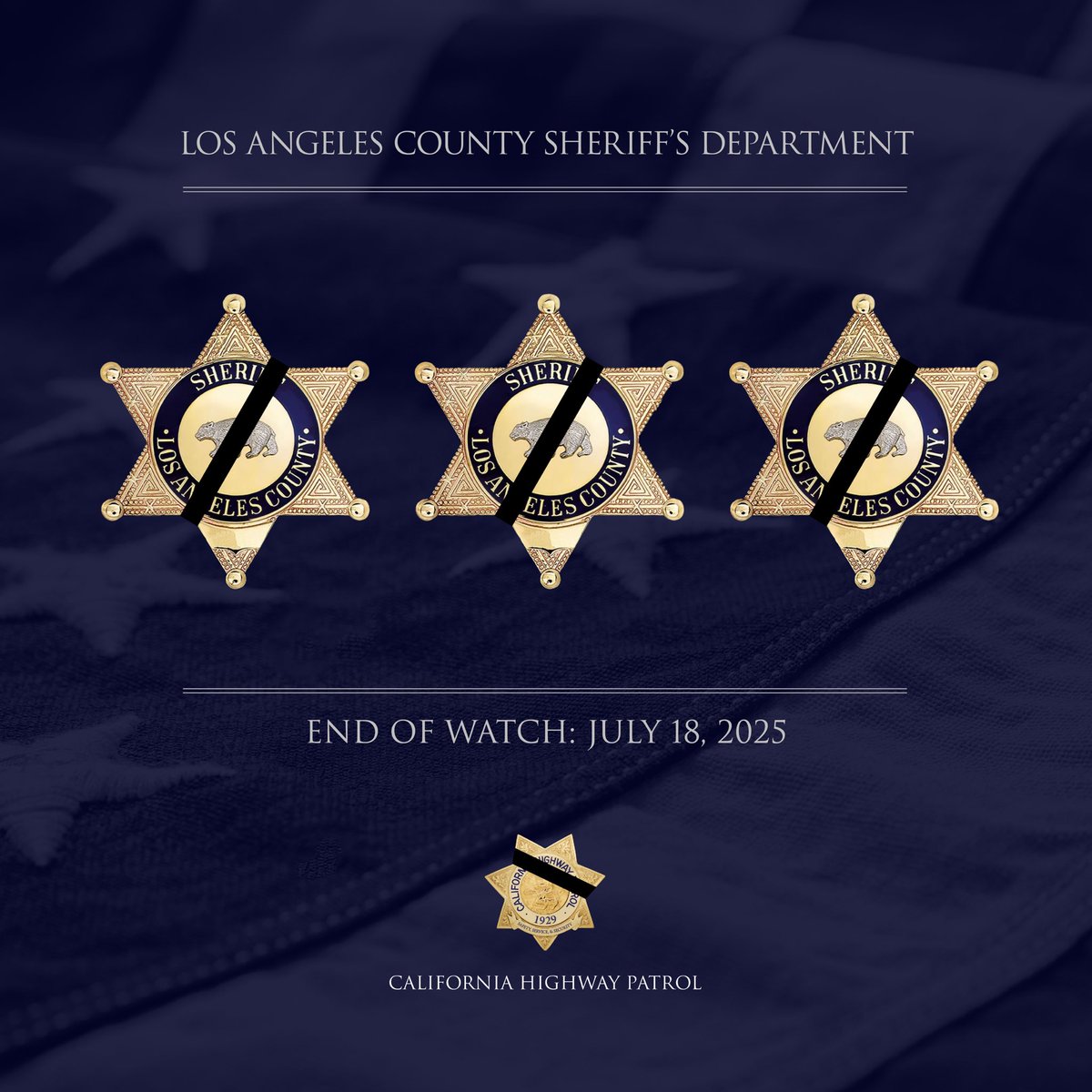 CHP Headquarters (@chp_hq) on Twitter photo With heavy hearts, we mourn the loss of the three <a href="/LASDHQ/">LA County Sheriffs</a> deputies killed today. Their courage and sacrifice embody the highest ideals of service. CHP stands in solidarity with LASD. We will never forget. 💙 #EOW #LASDStrong #NeverForgotten #chp With heavy hearts, we mourn the loss of the three <a href="/LASDHQ/">LA County Sheriffs</a> deputies killed today. Their courage and sacrifice embody the highest ideals of service. CHP stands in solidarity with LASD. We will never forget. 💙 #EOW #LASDStrong #NeverForgotten #chp