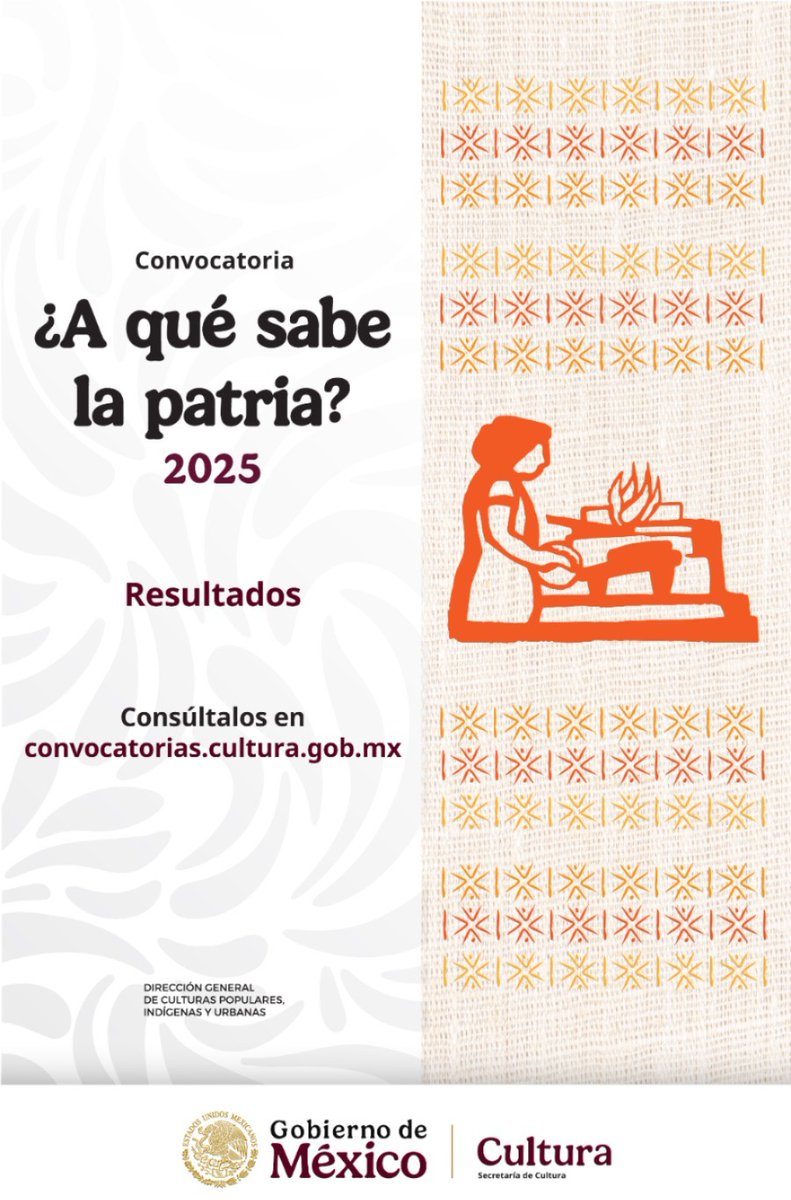 Secretaría de Cultura (@cultura_mx) on Twitter photo La <a href="/dgcpopulares/">Culturas Populares</a> y <a href="/CencalliCultura/">Cencalli</a> presenta las cinco recetas ganadoras de la convocatoria “¿A qué sabe la patria? 2025”.
Los platillos ganadores se podrán degustar del 26 al 28 de septiembre de 2025 en las Cocinas de humo de Cencalli en el <a href="/CC_LosPinos/">Complejo Cultural Los Pinos</a>.
En esta quinta La <a href="/dgcpopulares/">Culturas Populares</a> y <a href="/CencalliCultura/">Cencalli</a> presenta las cinco recetas ganadoras de la convocatoria “¿A qué sabe la patria? 2025”.
Los platillos ganadores se podrán degustar del 26 al 28 de septiembre de 2025 en las Cocinas de humo de Cencalli en el <a href="/CC_LosPinos/">Complejo Cultural Los Pinos</a>.
En esta quinta