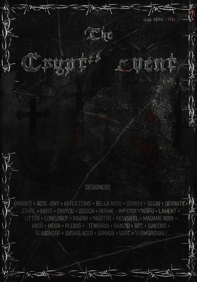 CryptidEvent's tweet image. ⋆⋅ ♰ ⋅⋆ ─── ⋆⋅ ♰ ⋅⋆ ─── ⋆⋅ ♰ ⋅⋆ ─── ⋆⋅ ♰ ⋅⋆

♰ 𝚃𝙷𝙴 𝙲𝚁𝚈𝙿𝚃𝙸𝙳 𝙴𝚅𝙴𝙽𝚃 ♰
𝙹𝚄𝙻𝚈 𝟷𝟾𝚃𝙷 - 𝙰𝚄𝙶𝚄𝚂𝚃 𝟽𝚃𝙷

⋆⋅ ♰ ⋅⋆ ─── ⋆⋅ ♰ ⋅⋆ ─── ⋆⋅ ♰ ⋅⋆ ─── ⋆⋅ ♰ ⋅⋆

♰ 𝚂𝙻𝚄𝚁𝙻: maps.secondlife.com/secondlife/Ban…