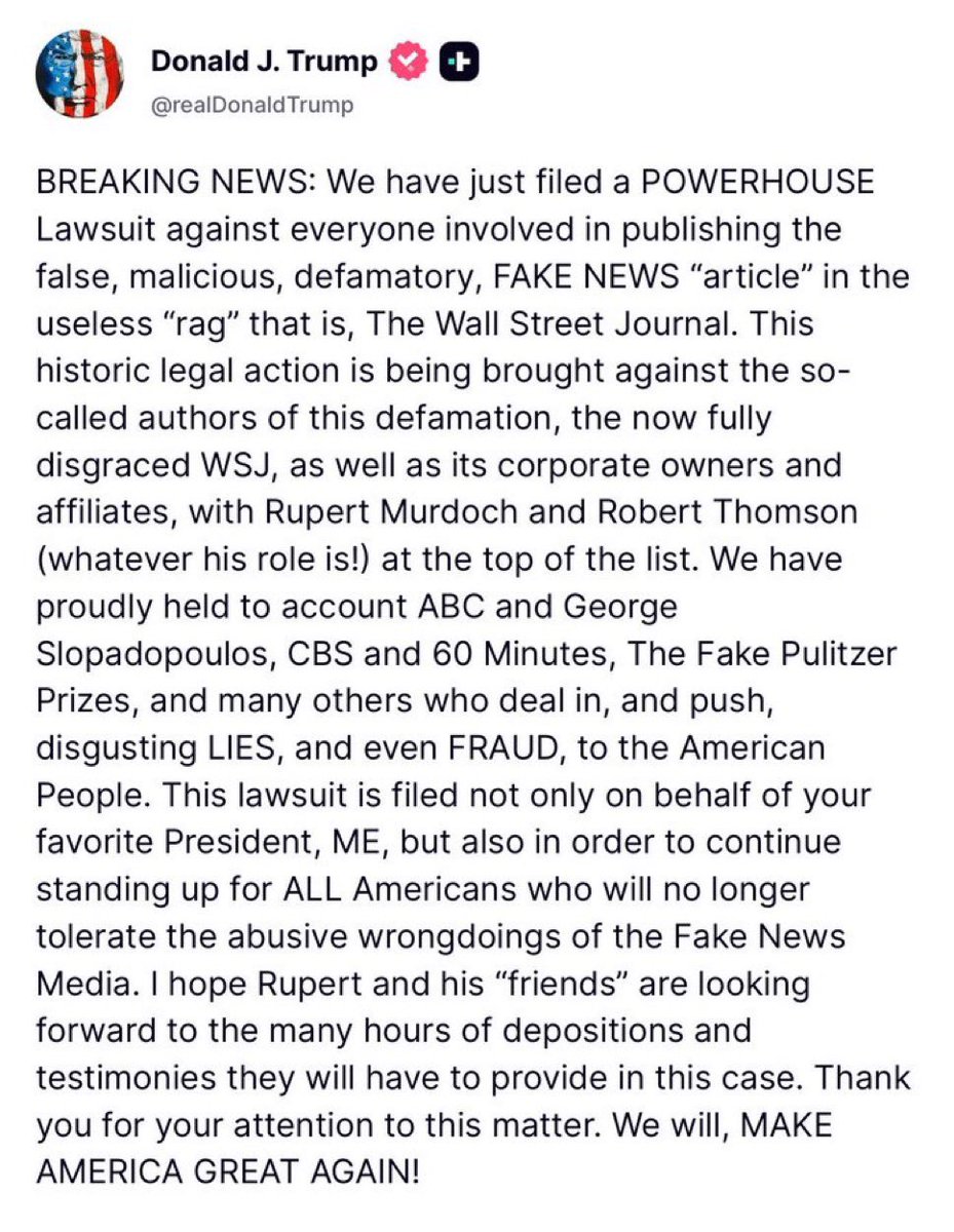 “This lawsuit is filed not only on behalf of your favorite President, but also in order to continue standing up for ALL Americans who will no longer tolerate the abusive wrongdoings of the Fake News Media.”