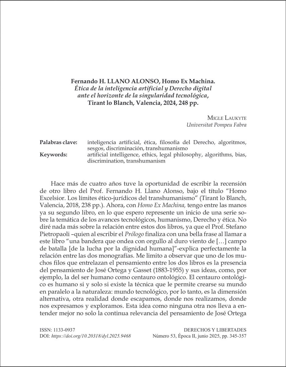 📘 #RevistaDerechosyLibertades Nº 53 (2025) <a href="/idhbc_uc3m/">Derechos Humanos (IDHPB)</a> <a href="/uc3m/">UC3M</a> <a href="/dykinsonlibros/">Librería - Editorial Dykinson 📚</a>

📣 Hoy en la sección #Recensiones 🖋️ “Homo Ex Machina. Ética de la inteligencia artificial y Derecho digital” de <a href="/Fernando_Llano_/">Fernando Llano</a> a cargo de #MigleLaukyte

⬇️ ¡Léelo aquí! ⬇️
🔗 doi.org/10.20318/dyl.2…
