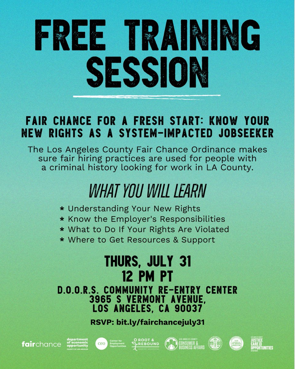 EconOppLA's tweet image. Join us for an upcoming info session to learn about Fair Chance hiring practices, employer responsibilities, and where to get support if rights are violated.
RSVP: bit.ly/fairchancejuly…
Learn more about Fair Chance Ordinance, visit: opportunity.lacounty.gov/fairchance