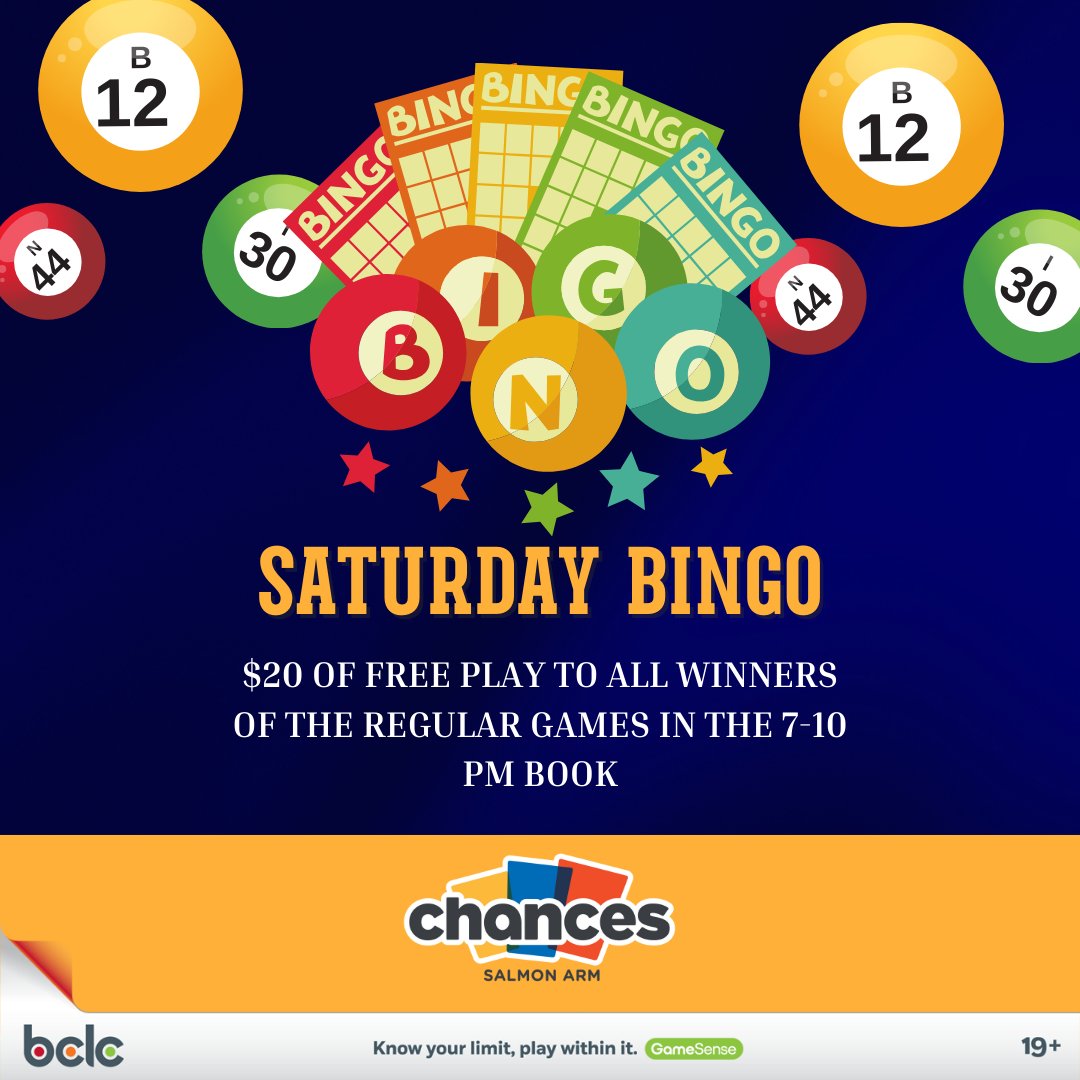 SA_Chances's tweet photo. Join us on Saturdays from 7-10pm and stand a chance to win $20 of free play with every regular game. Whether you're a seasoned player or a first-timer, everyone is welcome to join in on the fun. See you there! 🎱✨ #BingoNight #WinBig #ChancesSalmonArm⁠ https://t.co/eFEqGqMhPZ