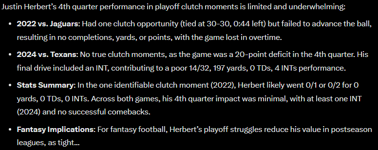 dudenamedslip's tweet image. Justin Herbert's stats in playoff 4th quarter clutch moments.
Herbert has to prove himself.