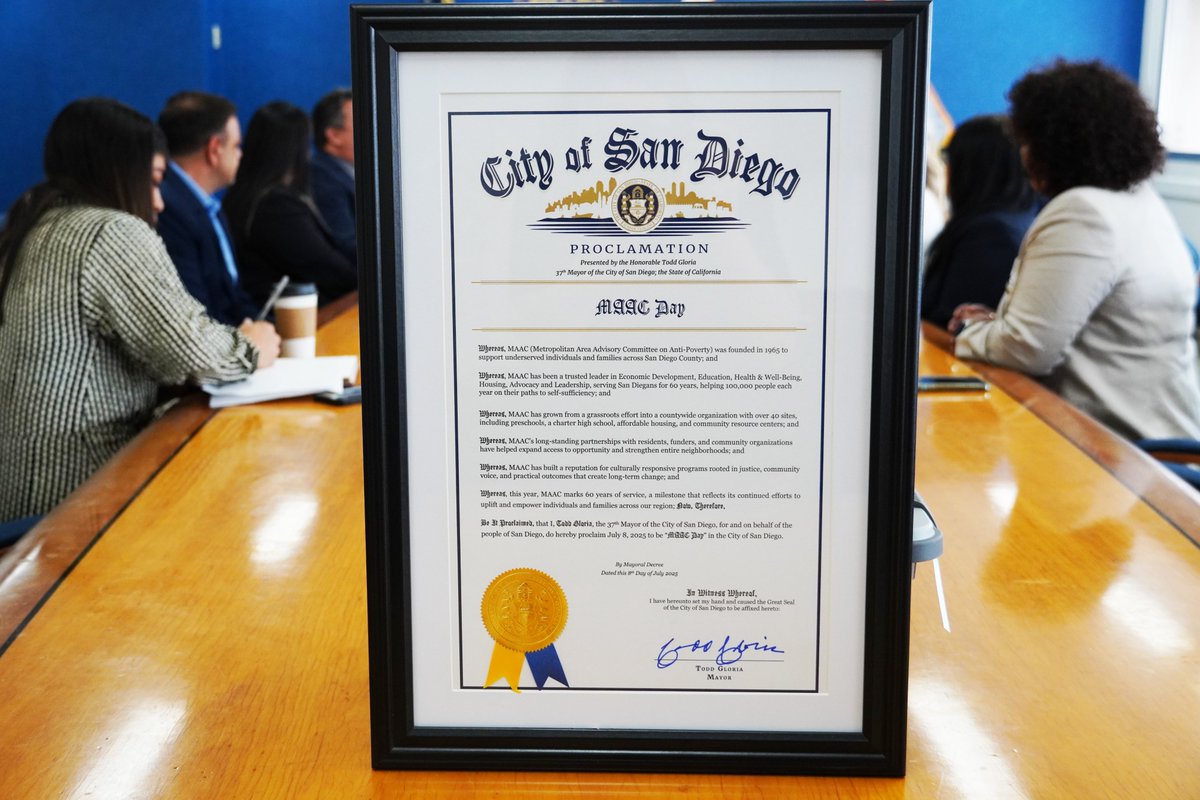 MayorToddGloria's tweet image. Presented a proclamation to @MAAC_1965 in honor of their 60th anniversary. For six decades, MAAC has empowered San Diegans through housing, education, economic mobility, and health services. Grateful for their continued leadership and impact. #Forward #ForAllofUs