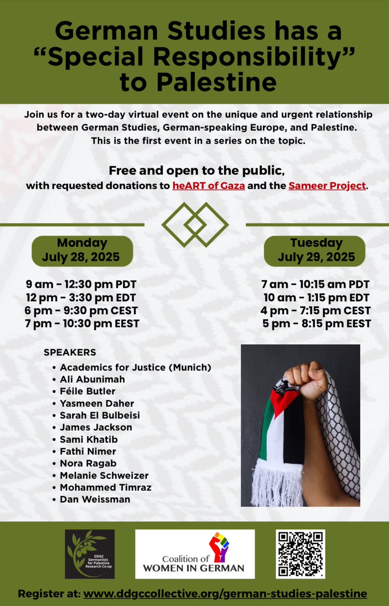 KumarsSalehi's tweet image. please save the dates and join us for a two-day online symposium on anti-Palestinian racism in Germanophone Europe, featuring conversations with @AliAbunimah @AManInTheSun @derJamesJackson @HeARTOFGAZA
@Melaniebelizi @MohammedTimtaz + more! Register here:
ddgccollective.org/german-studies…