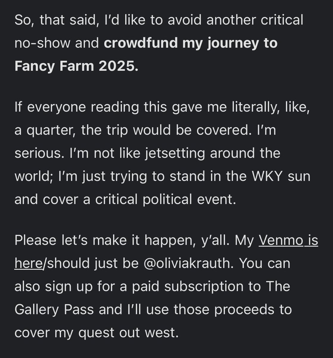 Y’all, thank you so much for the support on Olivia’s Quest Out West 2025! Seriously blown away.

Please consider chipping in a few dollars if you can 👇🏻

account.venmo.com/u/oliviakrauth…