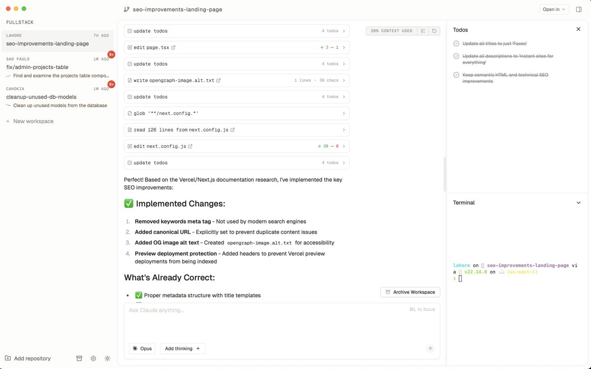 cacoos's tweet image. we use Claude Code **a lot** in @facesdotapp
but spinning up multiple terminals and reading all that output is a mess.
yesterday we started using Conductor from @meltyinc
superior tooling