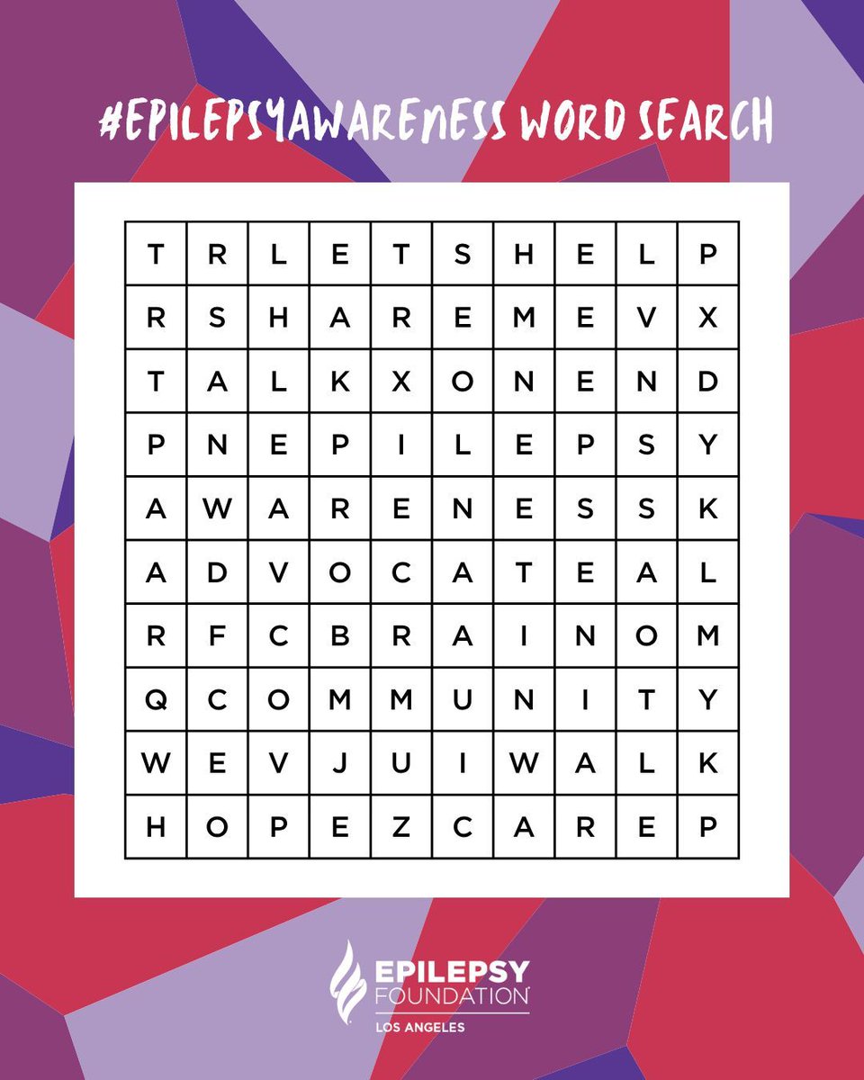 EpilepsyFdnLA's tweet image. A little word search with a lot of purpose ๐ง ๐ What did you find? Can you find all the hidden words? (Hint: theyโre all about epilepsy awareness and community.) ๐