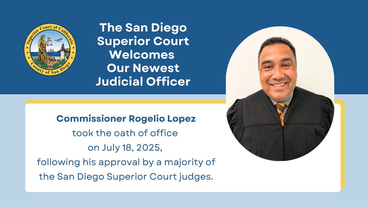We are pleased to welcome Commissioner Rogelio Lopez to the San Diego Superior Court bench!