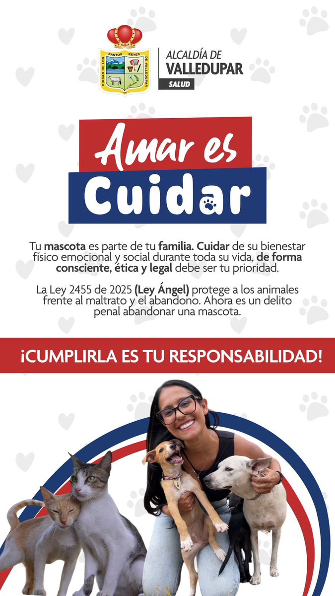 Valledupar (@valledupar_col) on Twitter photo Tu mascota es parte de tu familia, no la maltrates ni la abandones. Cuidarla es un compromiso de amor y responsabilidad.
Desde la <a href="/SecSaludVpr/">Secretaría Local de Salud de Valledupar</a> trabajan por un municipio donde todos los animales reciban el trato digno y seguro que merecen.
Adopta, cuida, no compres. Tu mascota es parte de tu familia, no la maltrates ni la abandones. Cuidarla es un compromiso de amor y responsabilidad.
Desde la <a href="/SecSaludVpr/">Secretaría Local de Salud de Valledupar</a> trabajan por un municipio donde todos los animales reciban el trato digno y seguro que merecen.
Adopta, cuida, no compres.