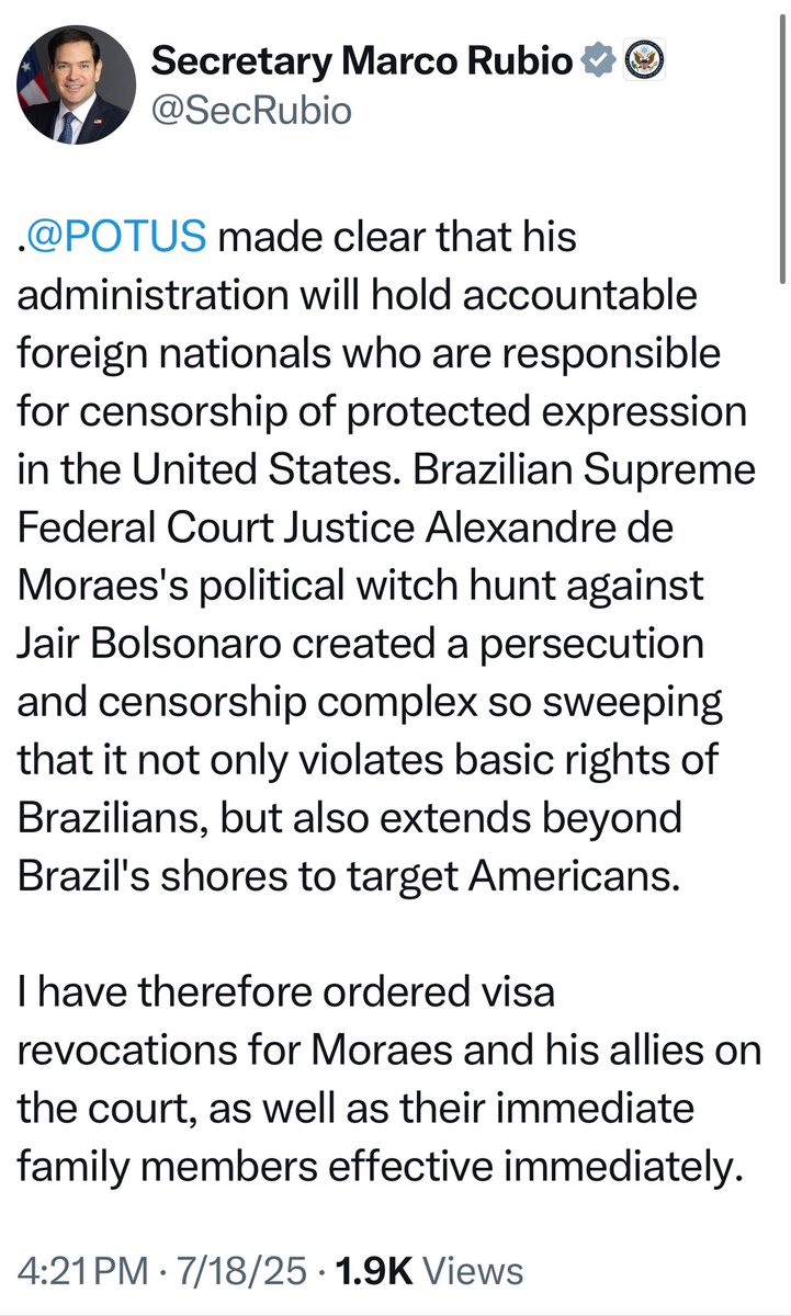 AnaPaulaVolei's tweet image. ๐จ๐จ๐จ๐บ๐ธ URGENTE!
O Secretรกrio de Estado dos EUA, Marco Rubio, acaba de revogar vistos de Alexandre de Moraes e aliados!
๐
โ.@๐๐๐๐๐ (President of the United States)
๐๐๐ข๐ฑ๐จ๐ฎ ๐๐ฅ๐๐ซ๐จ ๐ช๐ฎ๐ ๐ฌ๐๐ฎ ๐ ๐จ๐ฏ๐๐ซ๐ง๐จ ๐ซ๐๐ฌ๐ฉ๐จ๐ง๐ฌ๐๐๐ข๐ฅ๐ข๐ณ๐๐ซ๐ฬโฆ