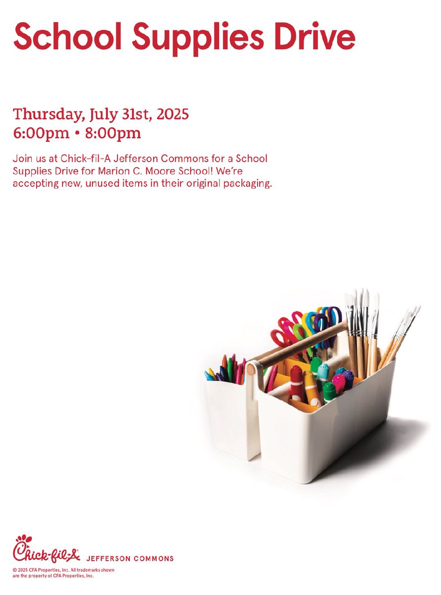 MooreMustangsML's tweet image. Support our @mooremustangs by dropping off unused school supplies at the Jefferson Commons Chick-fil-A location on July 31.