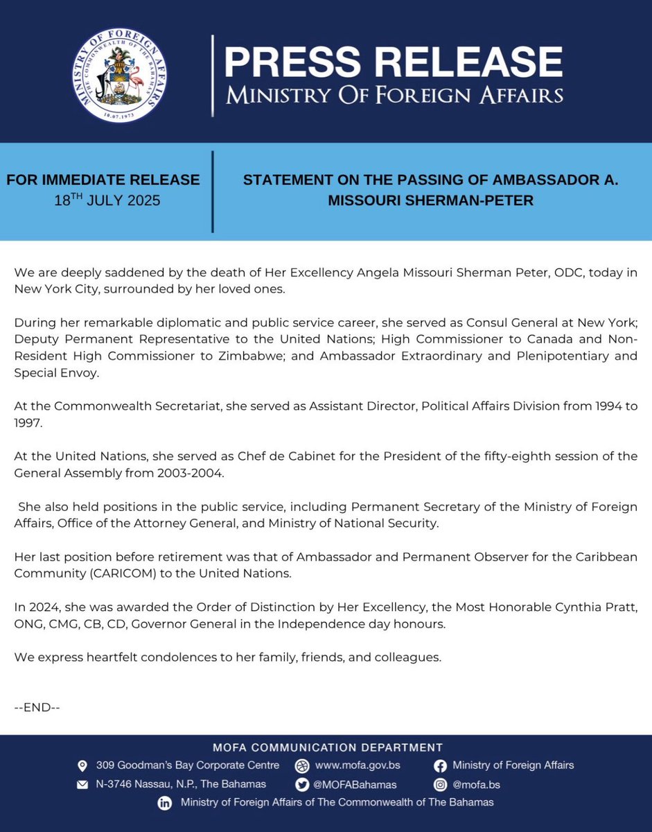 #deathnotice - Her Excellency Angela Missouri Sherman-Peter, ODC, a distinguished diplomat and public servant, passed away today in New York City surrounded by loved ones.