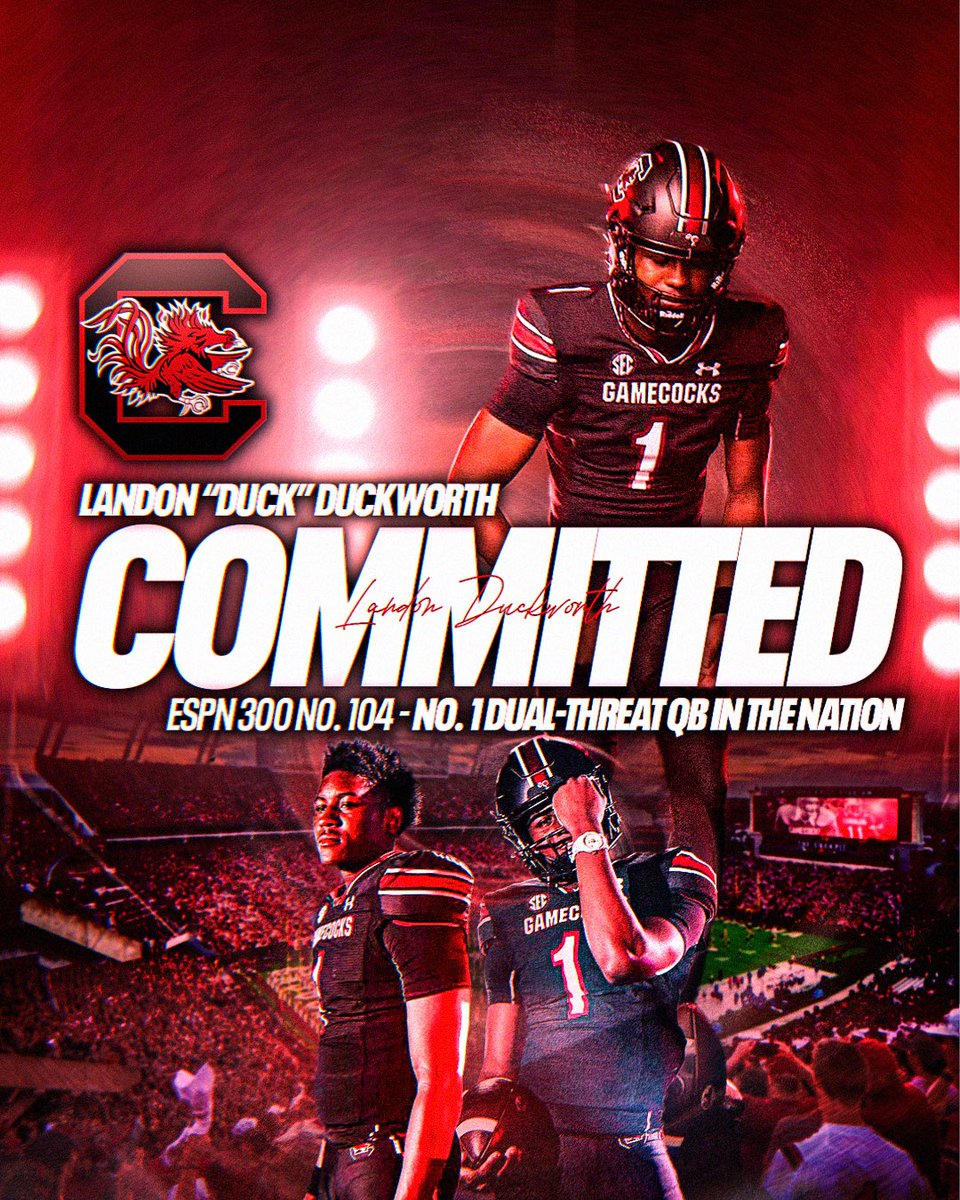 TheUCReport's tweet image. Landon Duckworth just committed to South Carolina 🐓 @LandonDuckworth
The top remaining uncommitted QB in the ESPN 300, Duckworth is the No. 6 dual-threat and No. 178 overall prospect in the ESPN 300. The Gamecocks outlast Auburn for the prized commit.