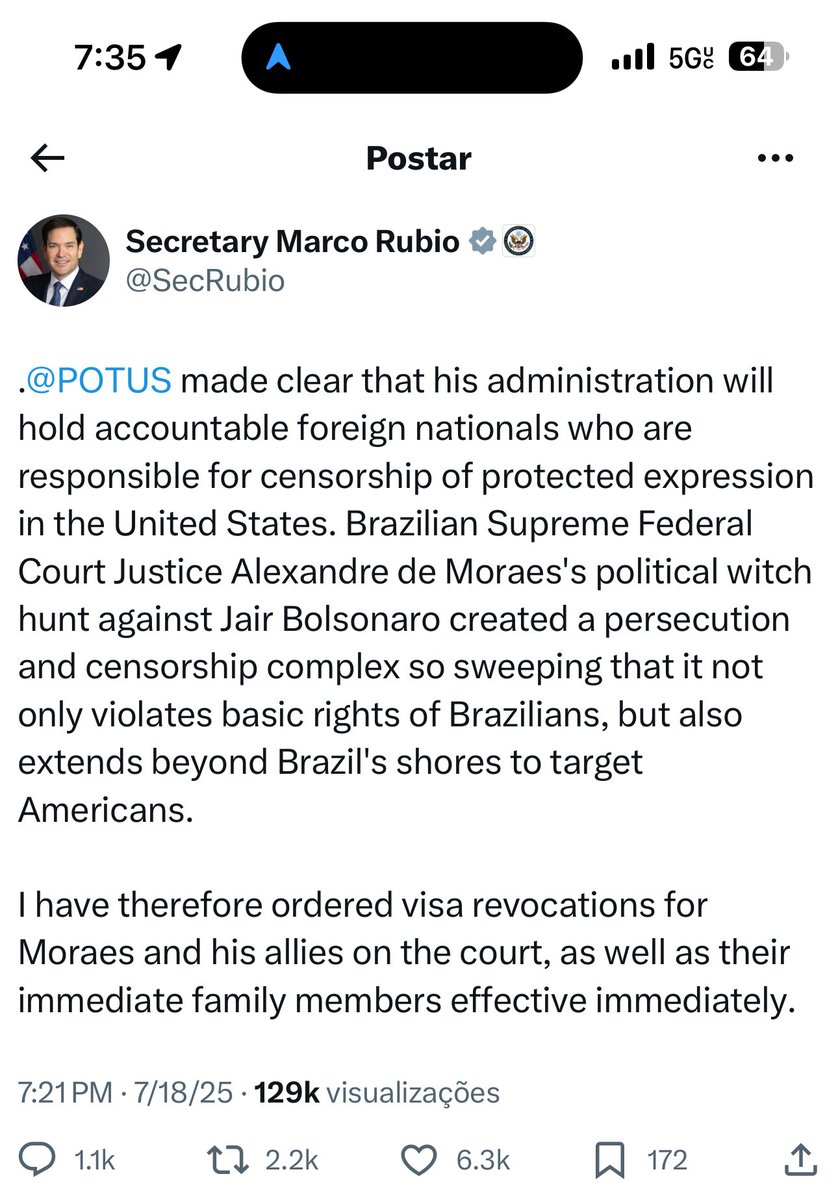 dinhobsb2's tweet image. Marco Rubio, Secretário de estado de Trump, acaba de informar que revogou o visto de Moraes, demais ministros e seus familiares

“Portanto, ordenei a revogação dos vistos de Moraes e seus aliados na corte, bem como de seus familiares próximos, com efeito imediato”