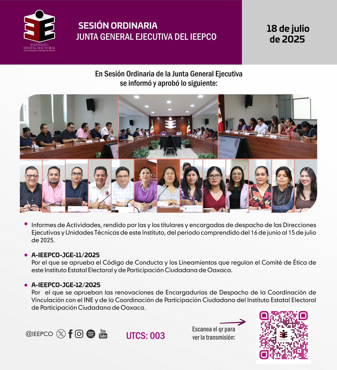 📃JGE del #IEEPCO realiza Sesión Ordinaria correspondiente al mes de julio. Leer comunicado en ieepco.org.mx/comunicados/jg…