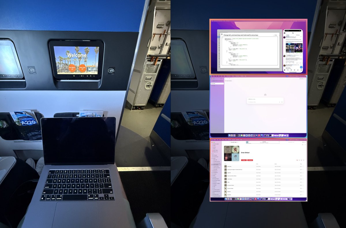 Airplanes + Apple + Viture are a travel match made in heaven.

- SpaceWalker app allows for x3 vertical screen 17”-ish screens
- Airpods for wireless audio to Mac + noise cancelling
- Using and controlling my phone from my Mac via phone mirroring app while the phone sits in my