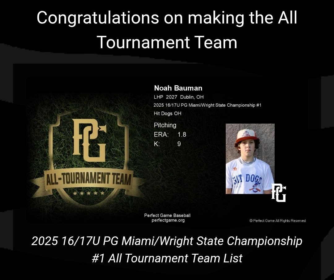HitdogsOH's tweet photo. Congratulations to the following Hit Dogs OH 16u players on being named All Tournament at the 2025 17U PG Miami/Wright State Championship:  @BrysonCasto, @nbauman2027 @dominicviggiano &amp; @adam51466.

@PG_OhioValley https://t.co/AFmIfWehVG