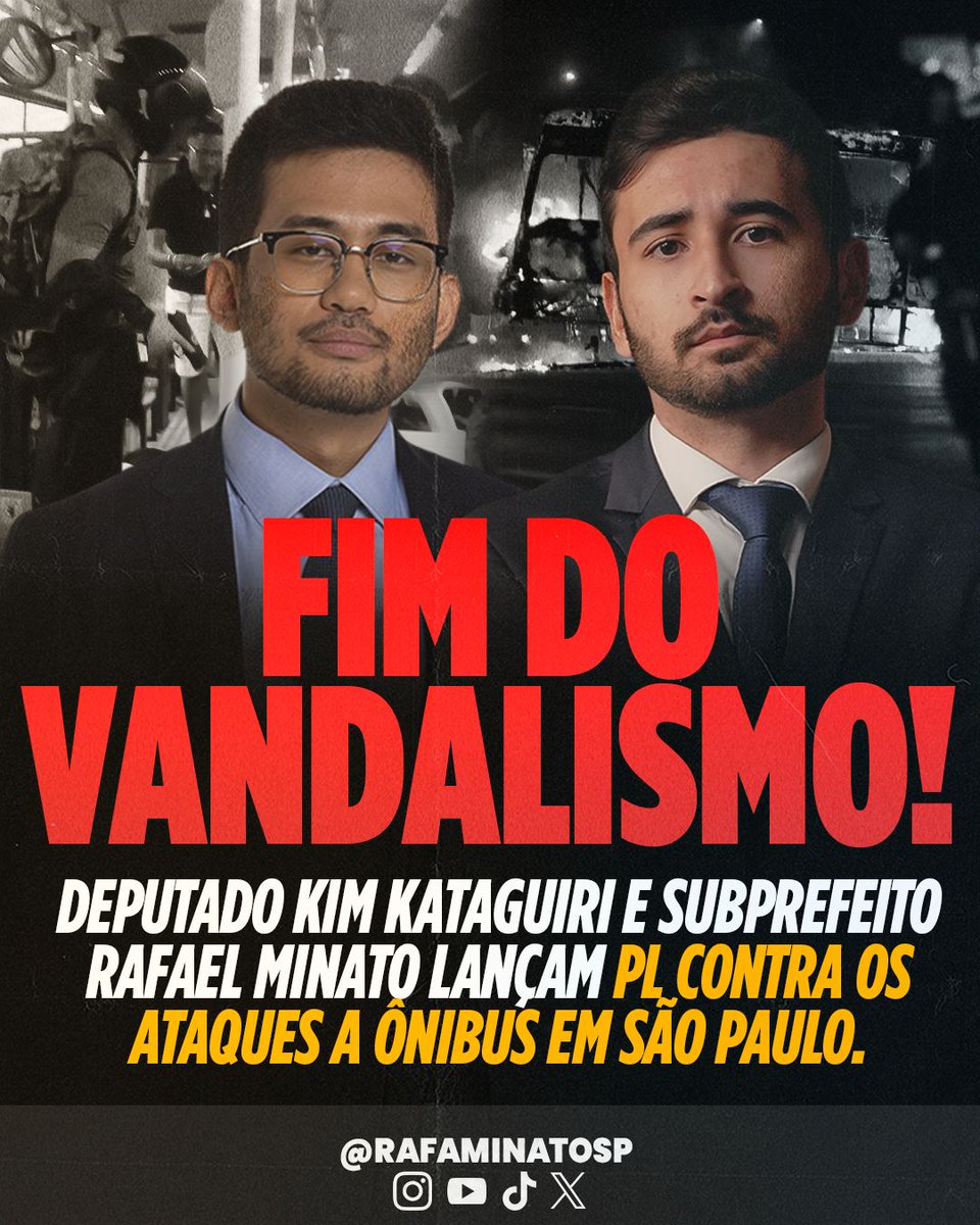 RafaMinatoSP's tweet image. FIM DO VANDALISMO!
Eu e o @KimKataguiri lançamos um PL contra os ataques a ônibus! Chega de criminosos tocando o terror no nosso estado e achando que vão ficar impunes...