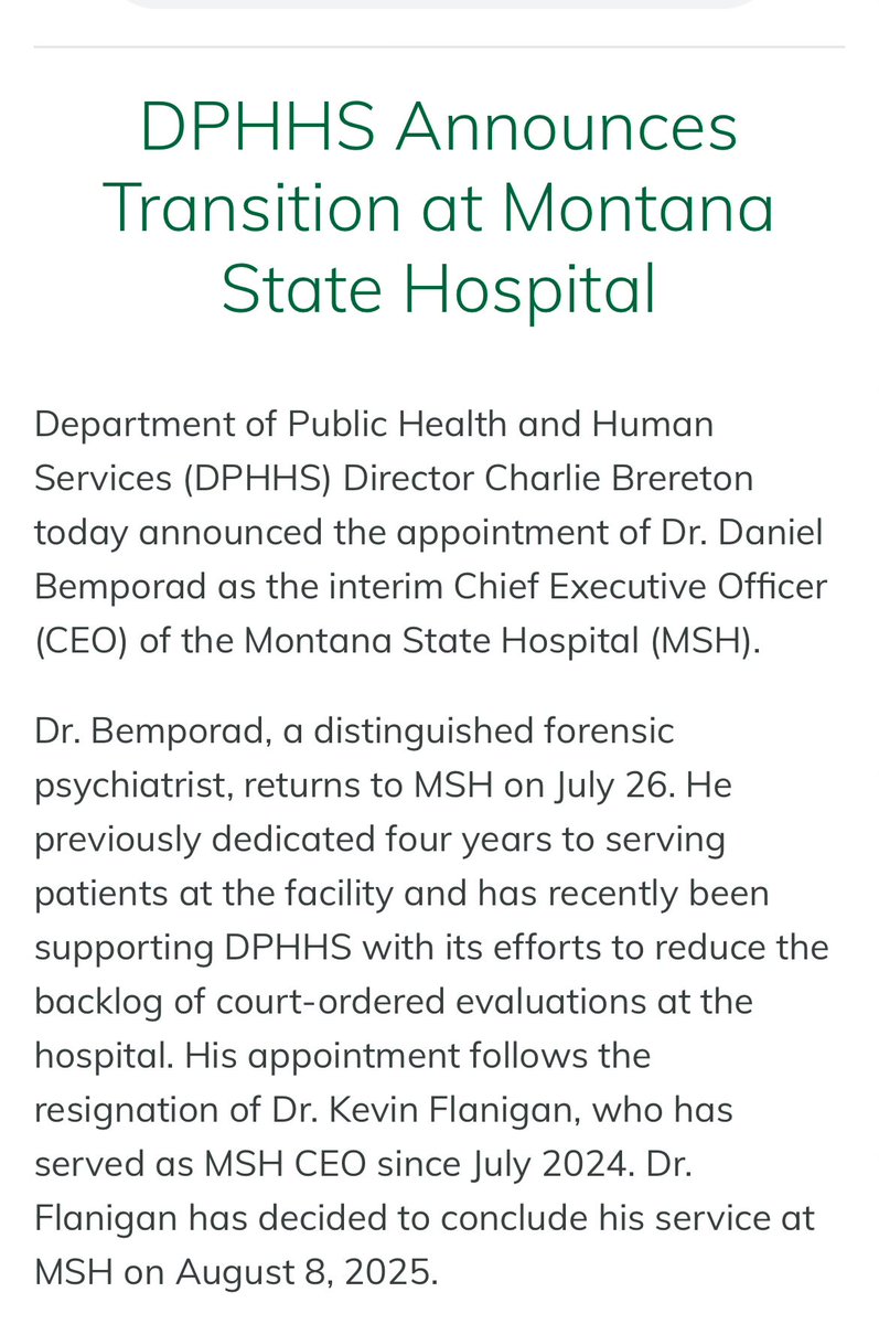SeabornLarson's tweet image. Montana DPHHS announces change of leadership at the state hospital after one year under Dr Kevin Flanagan, who was well-regarded in the post that’s seen much turnover in recent years #mtnews