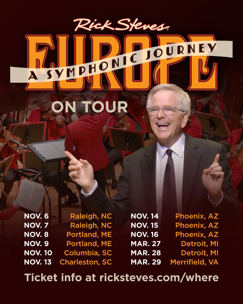 RickSteves's tweet image. Join me live for a Symphonic Journey!
From Seattle to Cincinnati and from Boston to Houston, I’ve performed my Symphonic Journey concert with great orchestras across the country. Next up, I’m bringing the show to North and South Carolina, Maine, Arizona, Michigan, and Virginia…