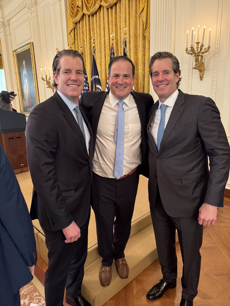 xethalis's tweet image. Thank you to @tyler & @cameron for bringing me into crypto 12.5 years ago. We just wanted to do a BTC ETF, but ended up helping them launch @Gemini & pivoted into a new mission/career. Spending today with them & @KyleSamani at @WhiteHouse was special. (I’m definitely this tall).