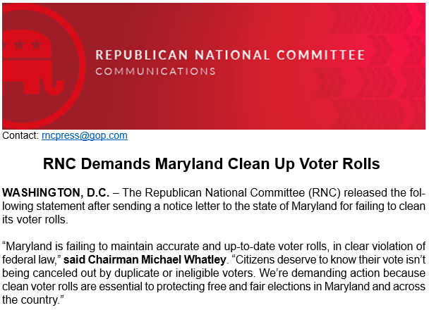 ChairmanWhatley's tweet image. Maryland is clearly violating federal law by failing to maintain accurate and up-to-date voter rolls - that's why the RNC is stepping in.
We’re demanding action because clean voter rolls are essential to protecting free and fair elections.
