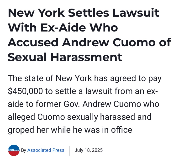 ravi_mangla's tweet image. New Yorkers just shelled out half a million to settle Andrew Cuomo’s sexual assault lawsuit.
He doesn’t belong in a position of power.