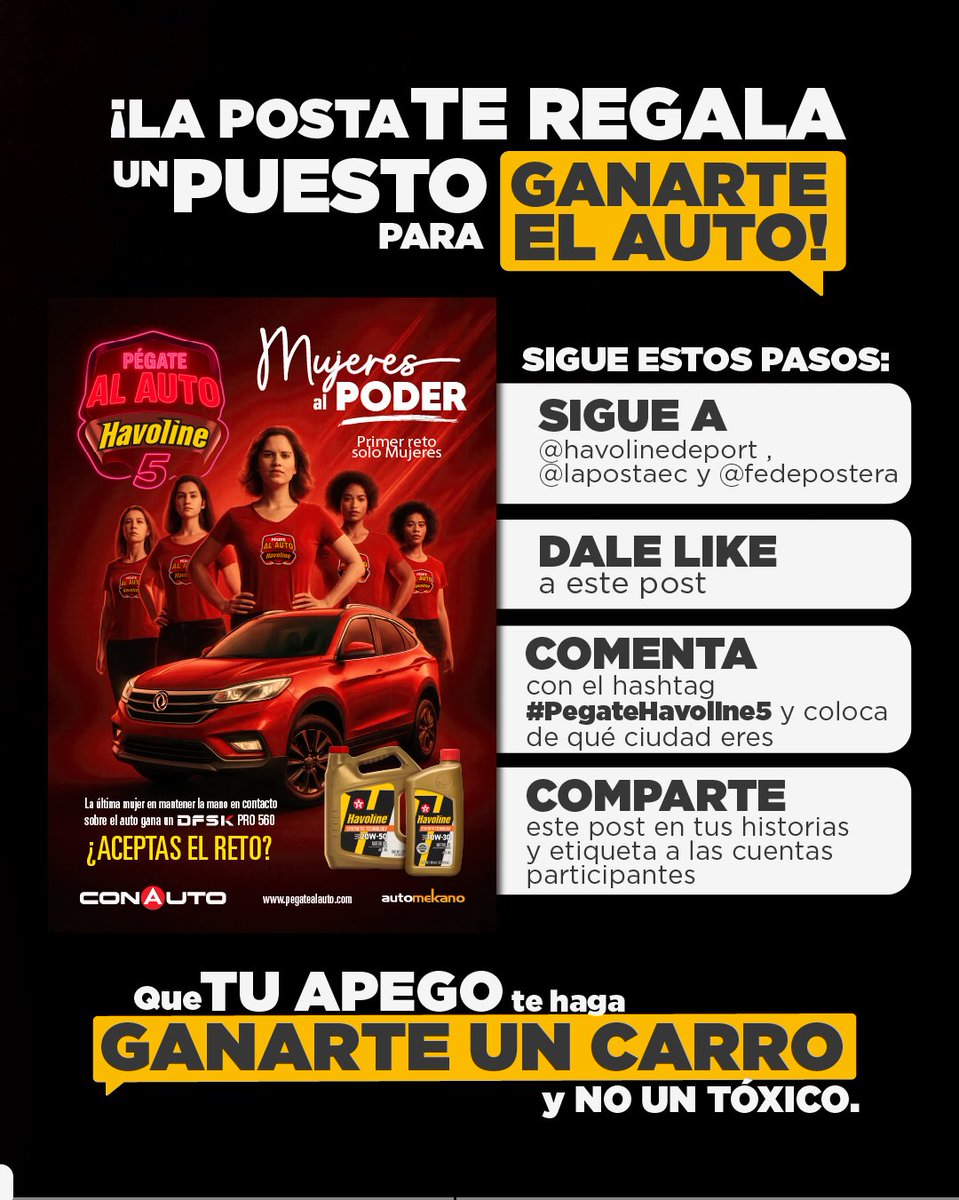 👋🏼 Para ti amiga aferrada, ahora puedes ganarte un auto 🚗 

Participa para el último cupo del Pégate al auto Havoline 5: Mujeres al poder 💪🏼 ¡Este giveaway es para ti!  

1. Sigue a <a href="/havolinedeport/">Havoline Deportivo</a> , <a href="/LaPosta_Ecu/">La Posta</a> y <a href="/FedePostera/">Federación Postera</a>  
2. Dale like a este post.
3. Comenta con el