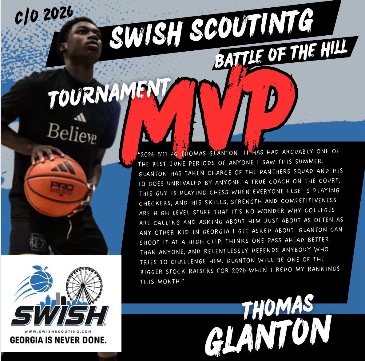 Thomas Glanton III (Noncommitted) (@thomasg_2026) on Twitter photo Honored to be named MVP of the Battle of the Hill by <a href="/swish_scout/">SWISH SCOUTING</a> ๐๐ฝ
โPlaying chess when everyone else is playing checkersโฆโ
Huge thank you to Swish for the recognition and for the platform to compete and lead.
๐ฅ Film: youtube.com/@ThomasG_2026
#ClassOf2026 #PointGuard Honored to be named MVP of the Battle of the Hill by <a href="/swish_scout/">SWISH SCOUTING</a> ๐๐ฝ
โPlaying chess when everyone else is playing checkersโฆโ
Huge thank you to Swish for the recognition and for the platform to compete and lead.
๐ฅ Film: youtube.com/@ThomasG_2026
#ClassOf2026 #PointGuard