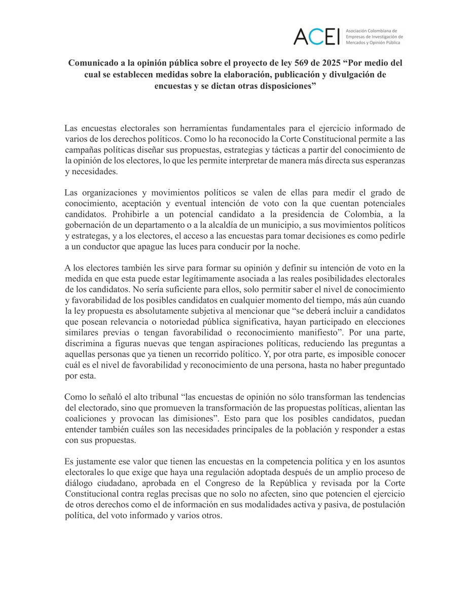 cifrasyconcepto's tweet image. Comunicado a la opinión pública sobre el Proyecto de Ley 569 de 2025.