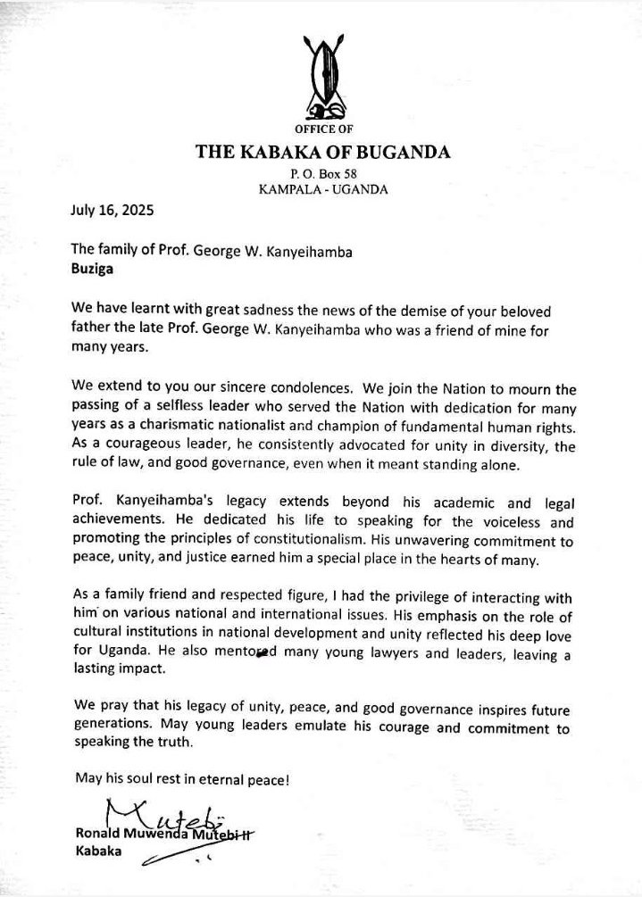 BugandaKingdom_'s tweet image. Ssaabasajja Kabaka aweerezza obubaka obukubagiza ab'Enju y'omugenzi Prof. George William Kanyeihamba
Obubaka bwa Beene bwetikkiddwa Omusukkulumu Omulangira Rev. Daniel Kimbugwe Kajumba, abukwasizza eri mulekwa Joel Martin Kanyeihamba bw'abadde y'akatuuka ku kisaawe Entebbe.…