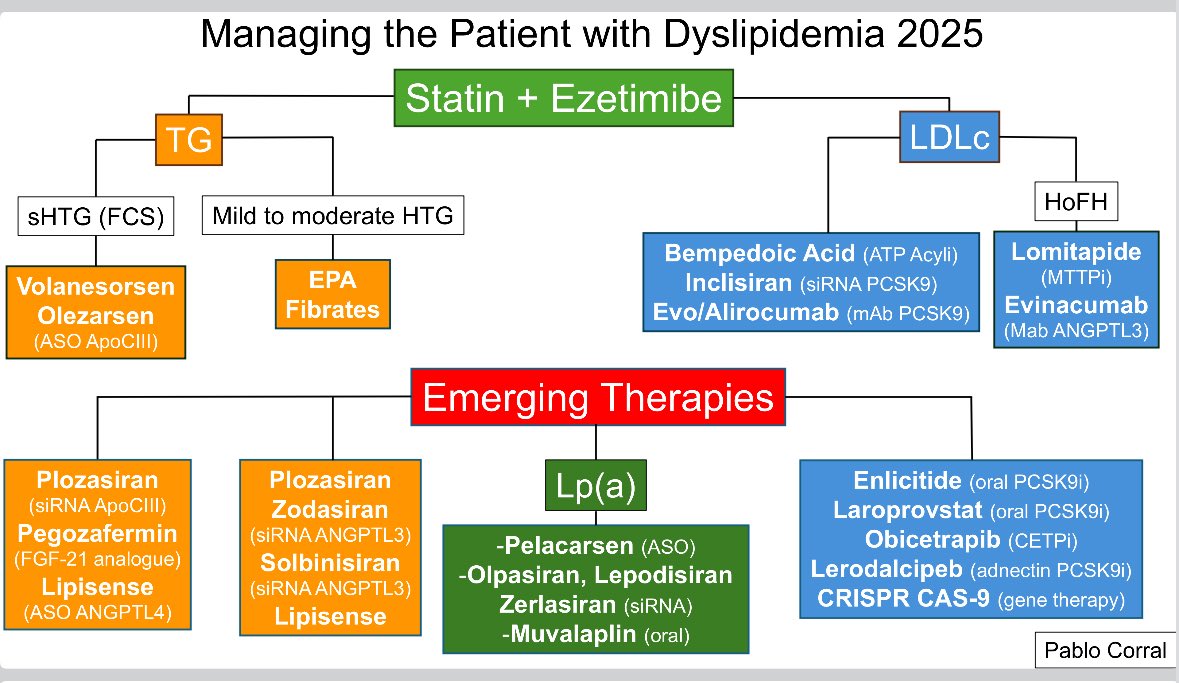 drpablocorral's tweet image. 👉Managing Dyslipidemia in 2025: The Era of Precision Lipidology
☝️As we move through 2025, dyslipidemia management has clearly evolved beyond the traditional statin + ezetimibe approach.
☝️We now have an expanding armamentarium of targeted therapies addressing…
