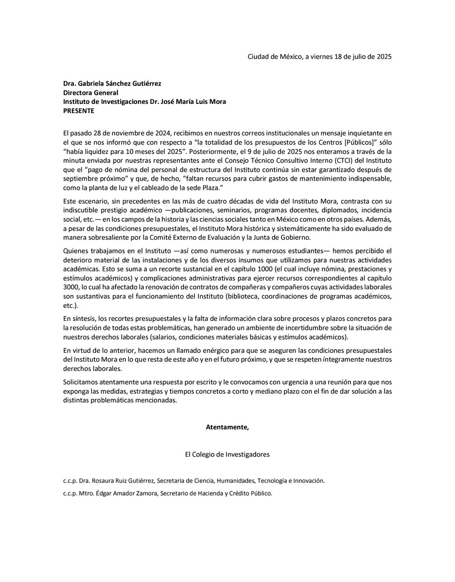 oscarszarate's tweet image. Los últimos tres años trabajando en el Instituto Mora he sido testigo de los enormes esfuerzos que hace su comunidad para mantener a flote el reconocido prestigio de la institución contra los recortes presupuestales. El Mora merece garantías para su correcto funcionamiento