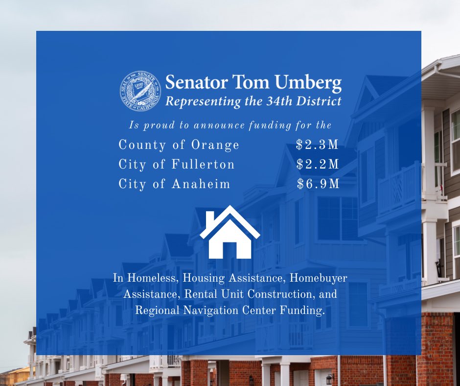 SenatorUmberg's tweet image. I’m proud to have been able to secure over $11 million for my district for essential housing and public safety programs in our community. Thanks to this funding, our cities and county will be able to get more units online, assist those in need, and get more people off the streets