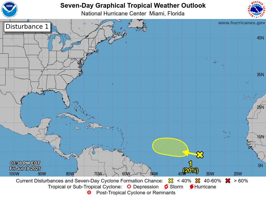 NHC_Atlantic's tweet image. 7/18 8pm EDT: A tropical wave interacting with a broad area of low pressure is producing disorganized showers and thunderstorms over the central tropical Atlantic. Slight development is possible late this weekend into early next week as it moves west-northwestward around 10 mph.…