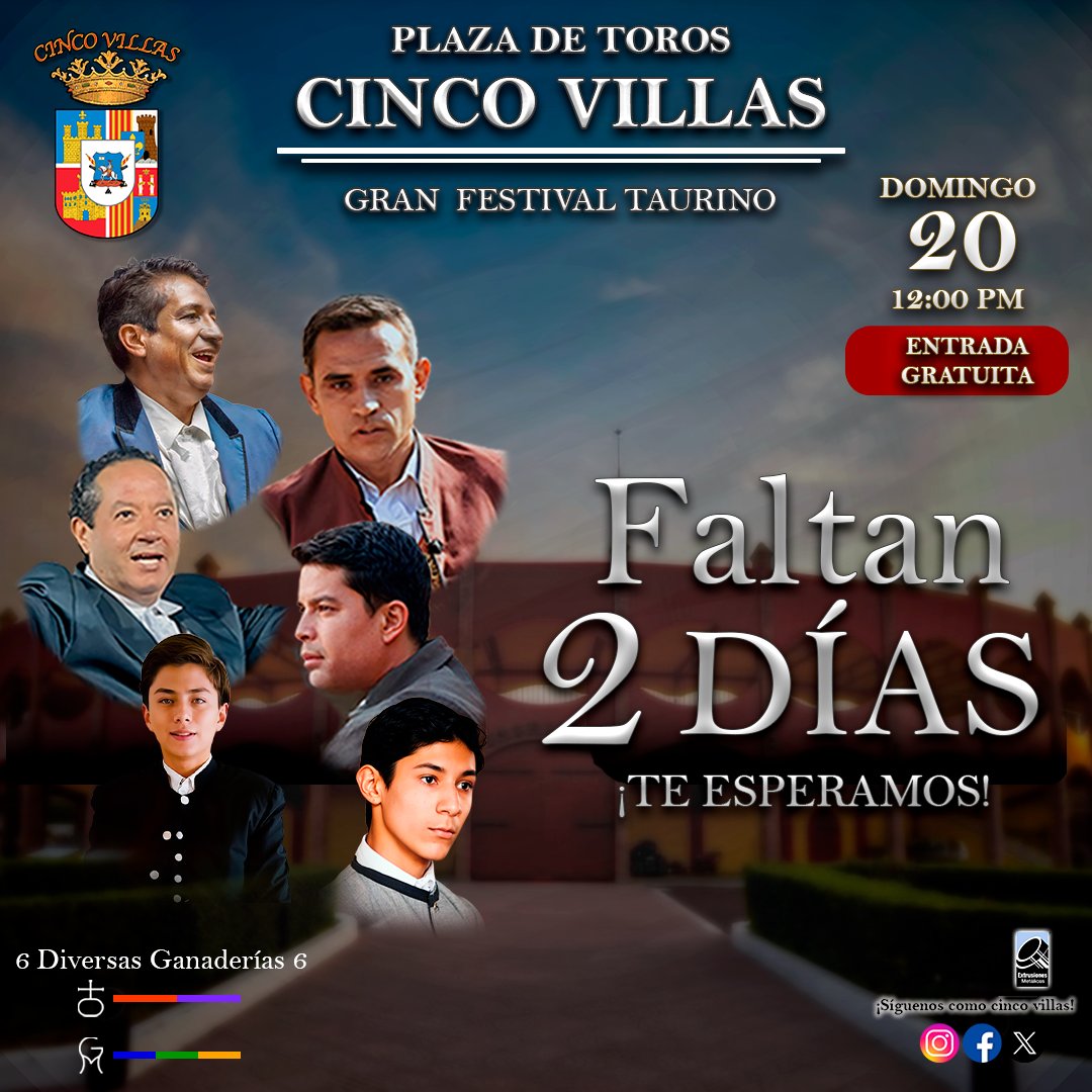 📣 Faltan solo 2 días para vivir una tarde llena de emociones en la Plaza de Toros Cinco Villas.
🎭 Este 𝐃𝐨𝐦𝐢𝐧𝐠𝐨 𝟐𝟎 𝐝𝐞 𝐣𝐮𝐥𝐢𝐨 | 🕛 𝟏𝟐:𝟎𝟎 𝐩.𝐦. disfruta de un Festival Taurino con:
🎟 Entrada totalmente gratuita
#CincoVillas #FestivalTaurino #Faltan2Días