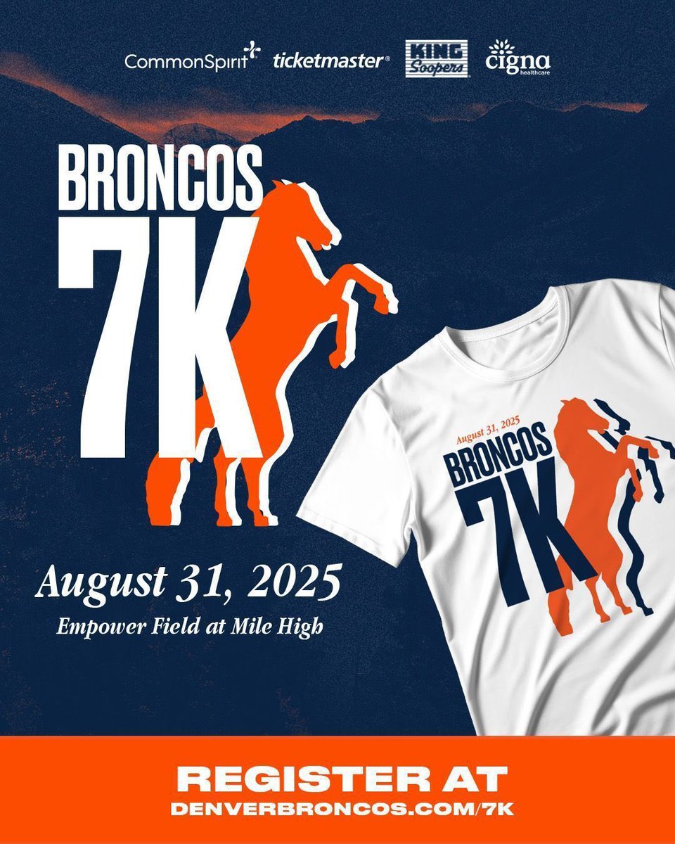 EmpowerField's tweet image. Broncos 7K 🔜
Race to the finish on the 50-yard line at @EmpowerField on Sunday, August 31, and receive a limited edition 7K t-shirt and medal! 🏅
Register now » buff.ly/oQ7urmf