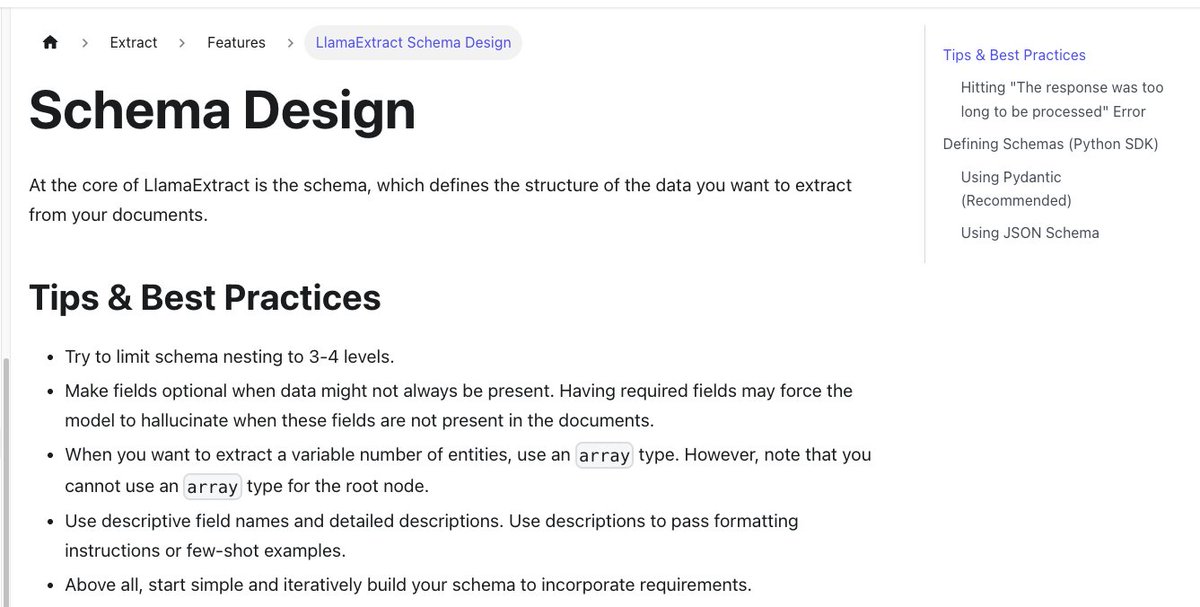 jerryjliu0's tweet image. If you’re using AI agents for large-scale document extraction 📑✂️, you will need to craft a good structured output schema.
Most LLMs support structured output these days, but here are tips and tricks from learned experience💡
1️⃣Try to limit schema nesting to 3-4 levels.
2️⃣ Make…