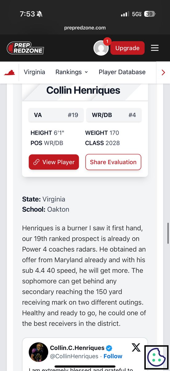 CollinHenriques's tweet image. thank you @PrepRedzoneVA @carljfred for the evaluation on me. @Coach__Slay @Coach_JLaub