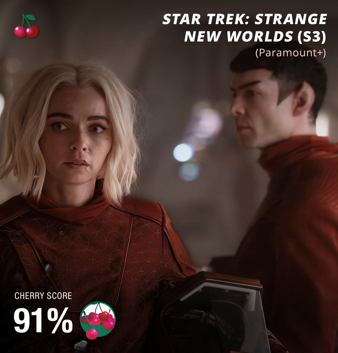 TheCherryPicks's tweet image. STAR TREK: STRANGE NEW WORLDS (91% #CherryScore) "The mix of horror and whimsy might be jarring for a lesser show, but the tonal whiplash just feels par for the course on a spaceship prepared for anything." - @samanthanelson1, @Polygon
Read reviews 🔗: thecherrypicks.com/tv/star-trek-s…