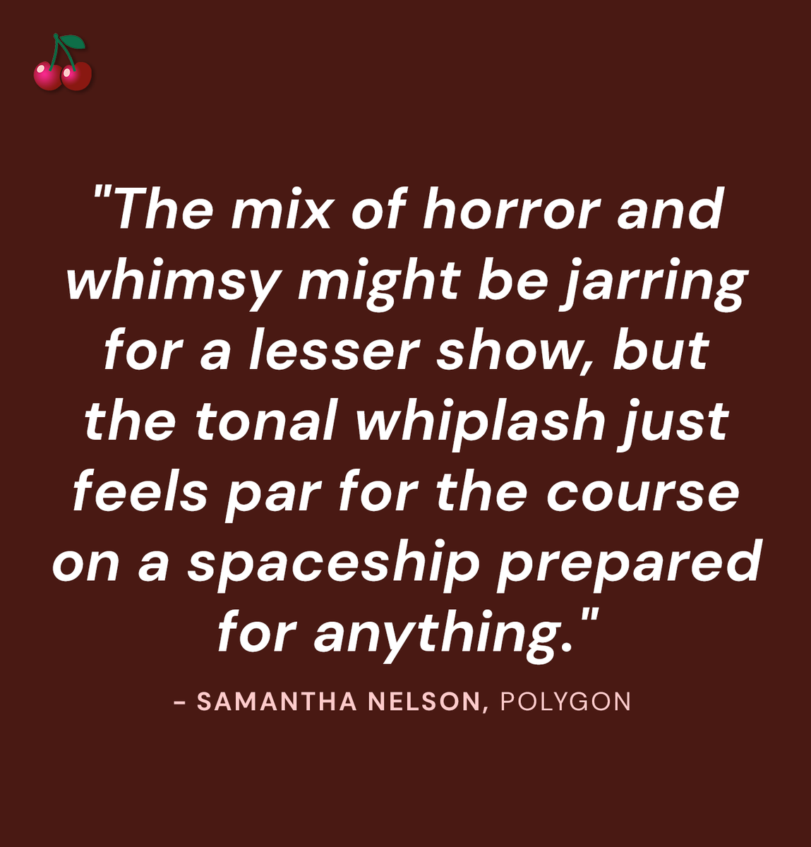 TheCherryPicks's tweet image. STAR TREK: STRANGE NEW WORLDS (91% #CherryScore) "The mix of horror and whimsy might be jarring for a lesser show, but the tonal whiplash just feels par for the course on a spaceship prepared for anything." - @samanthanelson1, @Polygon
Read reviews 🔗: thecherrypicks.com/tv/star-trek-s…