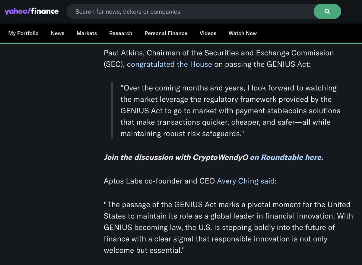 Incredible MOVE. The passing of the GENIUS Act into law will accelerate stablecoin adoption and also the adoption of <a href="/Aptos/">Aptos</a> as the global trading engine. 🇺🇸