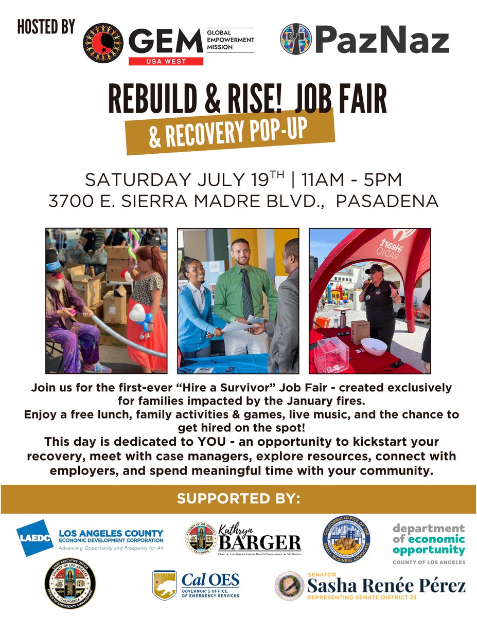 CaliforniaOSBA's tweet image. Join us for the first-ever "Hire a Survivor" Job Fair ๐ฅ on Sat, July 19 in Pasadena! ๐ผ Free lunch, live music, family fun, and on-the-spot hiring for families impacted by the January wildfires. @GEMmissions
Details: ow.ly/RRW750Ws8Mh
#HireASurvivor #CALOSBA